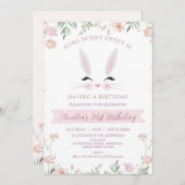 Whimsical Pink Wildflowers Een konijn 1e verjaarda Kaart (Voorkant / Achterkant)