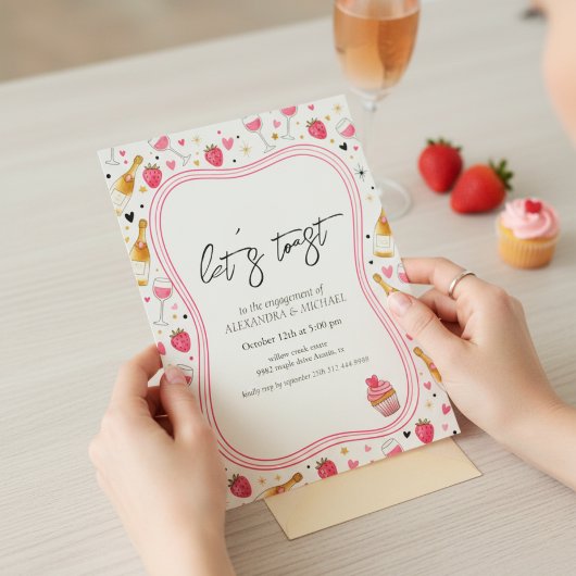 Whimsical Pink Wine Engagement Invitation Kaart