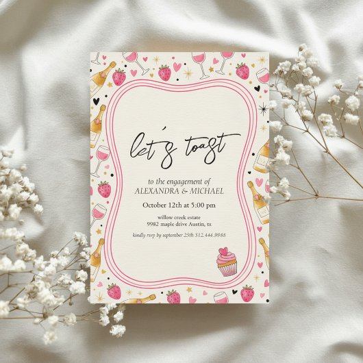 Whimsical Pink Wine Engagement Invitation Kaart