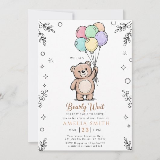 Whimsical Pink Yellow Teddy bear baby shower Kaart (Voorkant)