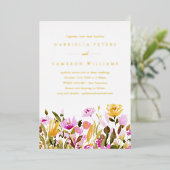 Whimsical Pink Yellow Waterverf Floral Wedding Folie Uitnodiging (Staand Voorkant)