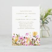 Whimsical Pink Yellow Waterverf Floral Wedding Kaart (Staand voorkant)