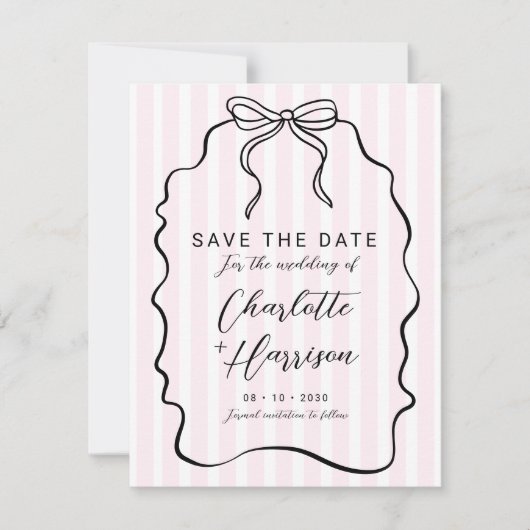 Whimsical Pinstripe Bow Wedding Save the Date (Voorkant)