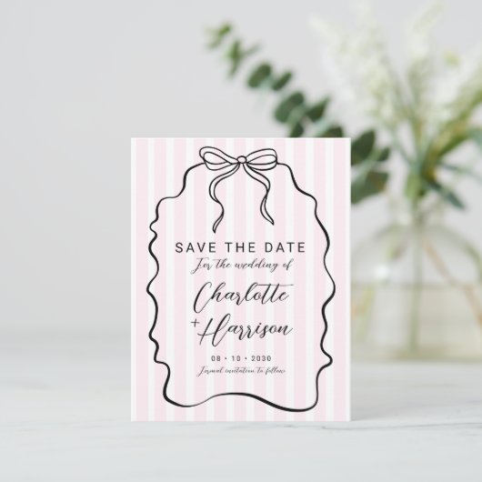 Whimsical Pinstripe Bow Wedding Save the Date (Staand voorkant)