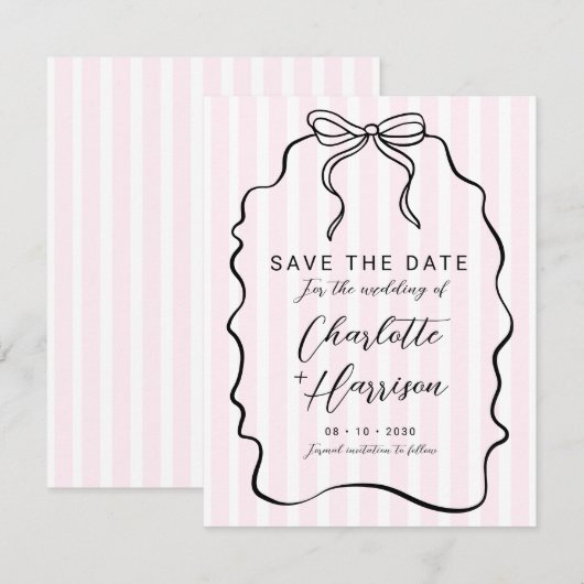 Whimsical Pinstripe Bow Wedding Save the Date (Voorkant / Achterkant)