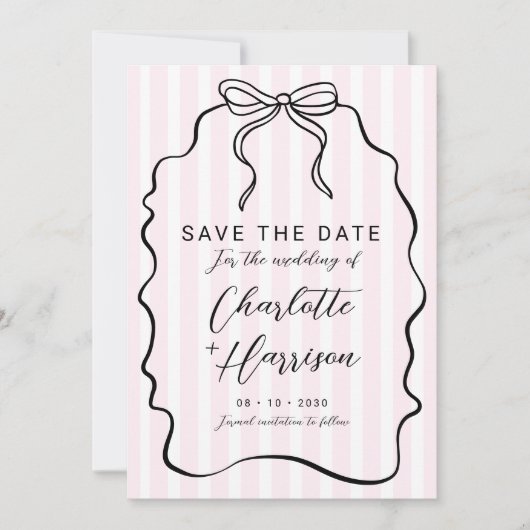 Whimsical Pinstripe Bow Wedding Save the Date Kaart (Voorkant)
