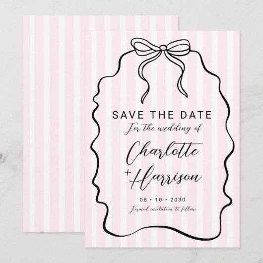 Whimsical Pinstripe Bow Wedding Save the Date Kaart (Voorkant / Achterkant)