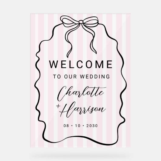 Whimsical Pinstripe Bow Wedding Welkom Acryl Bord (Voorkant)