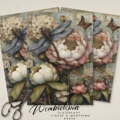 Whimsical Pioenroos & Libel Ephemera Decoupage Tissuepapier