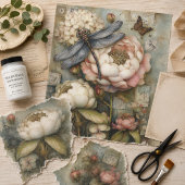 Whimsical Pioenroos & Libel Ephemera Decoupage Tissuepapier