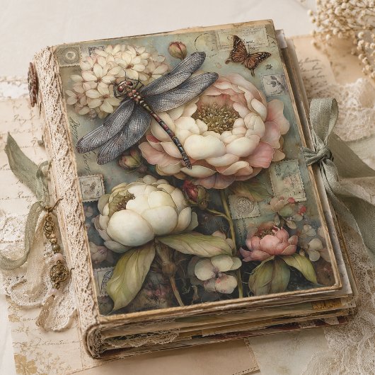 Whimsical Pioenroos & Libel Ephemera Decoupage Tissuepapier
