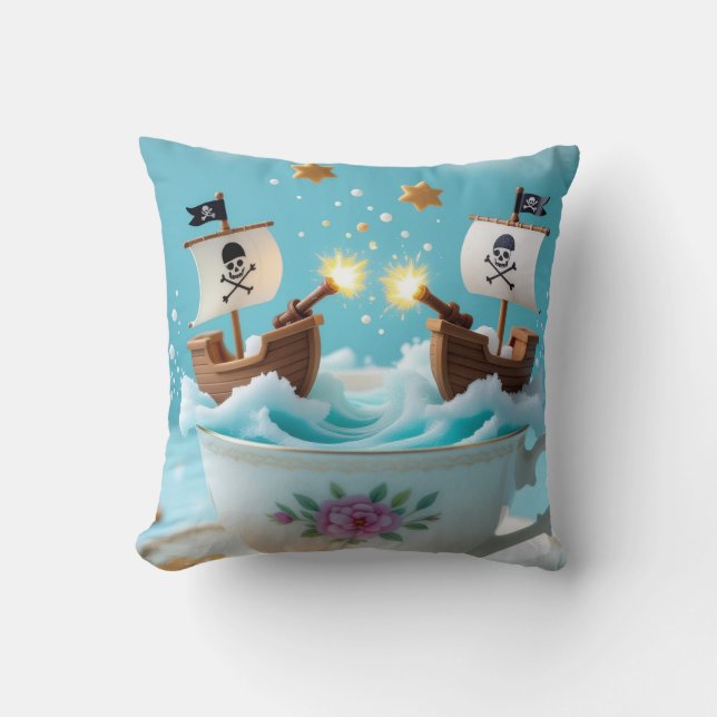 Whimsical Pirate Ships in Teacup Cushion – Cute Fa Kussen (Voorkant)