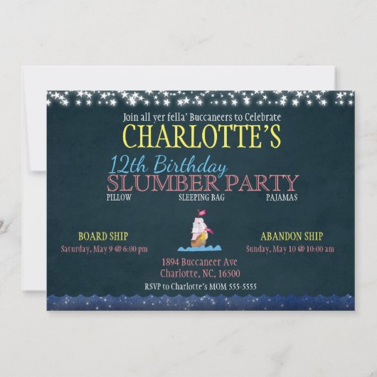 Whimsical Pirate Slumber Party verjaardagsuitnodig Kaart (Achterkant)