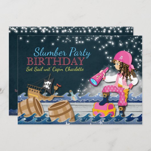 Whimsical Pirate Slumber Party verjaardagsuitnodig Kaart (Voorkant / Achterkant)