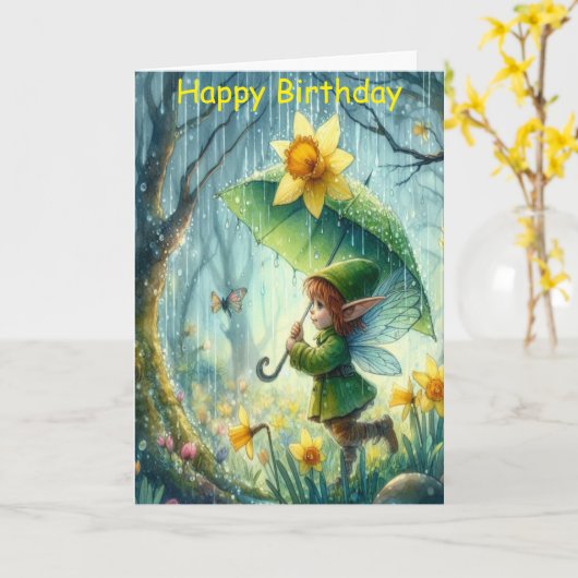 Whimsical Pixie Verjaardag Kaart – Fairy in het bo (Gele Bloem)