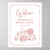 Whimsical Pizza & Wine Bruidsfeest Welkom Poster (Voorkant)