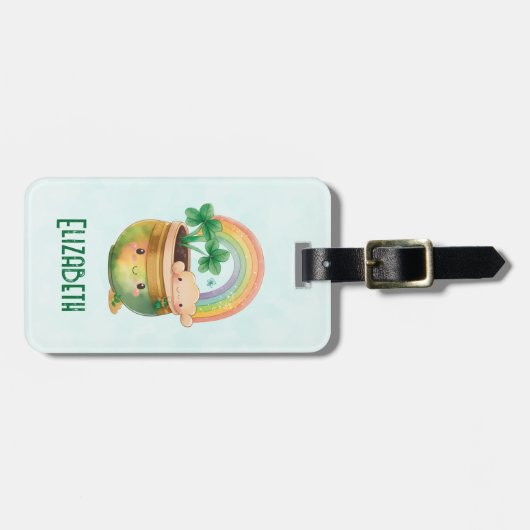 Whimsical Planter met regenboog en klaver Bagagelabel (Voorkant horizontaal)