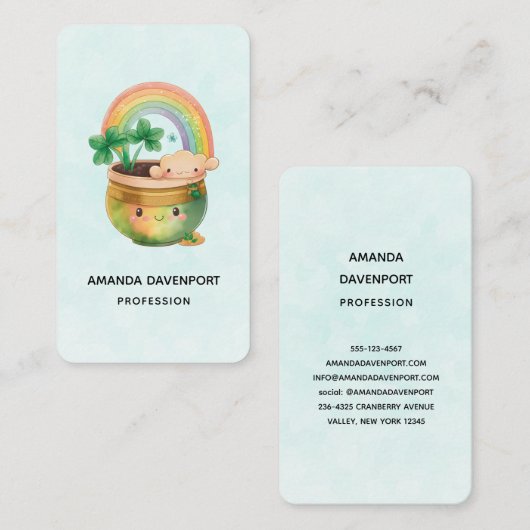 Whimsical Planter met regenboog en klaver Visitekaartje (Voorkant / Achterkant)