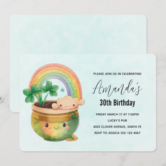 Whimsical Planter met regenboog en klaverdag Kaart (Voorkant / Achterkant)