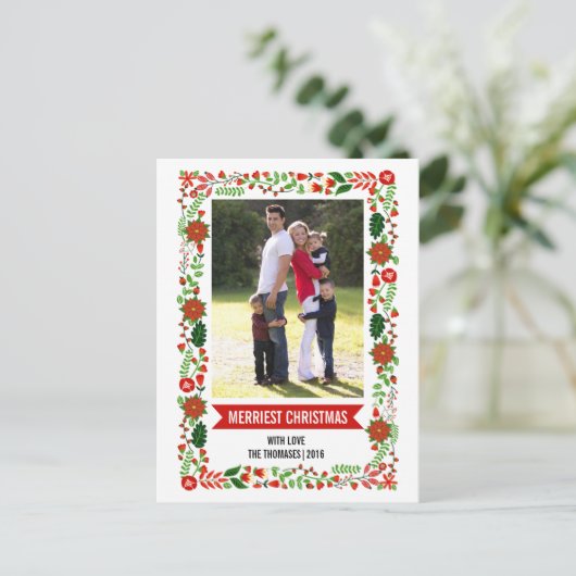 Whimsical poinsettias red., green Christmas foto Feestdagenkaart (Staand voorkant)