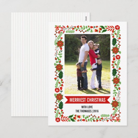 Whimsical poinsettias red., green Christmas foto Feestdagenkaart (Voorkant / Achterkant)