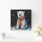 Whimsical Polar Bear In Orange Scarf Vierkante Klok (Huis)