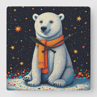 Whimsical Polar Bear In Orange Scarf Vierkante Klok