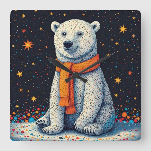 Whimsical Polar Bear In Orange Scarf Vierkante Klok (Voorkant)