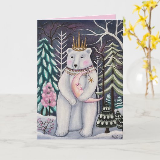 Whimsical Polar Beer en Moon Winter Art Kaart (Gele Bloem)