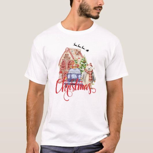Whimsical Polar Beer & Gingerbread House Christmas T-shirt (Voorkant)