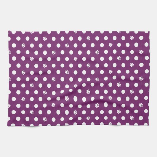 Whimsical Polka Dot Dog Paw Print Paarse Theedoek (Horizontaal)