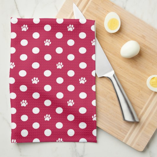 Whimsical Polka Dot Dog Paw Print Rood Theedoek (Quarter Fold)
