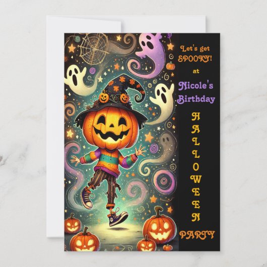 Whimsical pompoen hoofd heks Halloween feest Kaart (Voorkant)