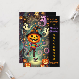Whimsical pompoen hoofd heks Halloween feest Kaart