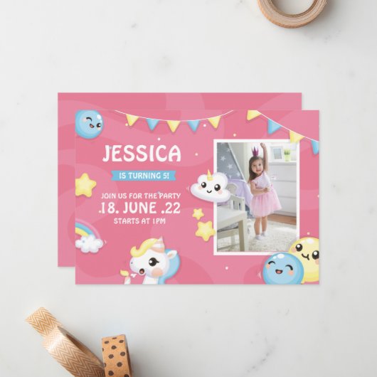 Whimsical Pony roze Birthday Party Girl Pawty Note Notitiekaartje (Voorkant / Achterkant in situ)