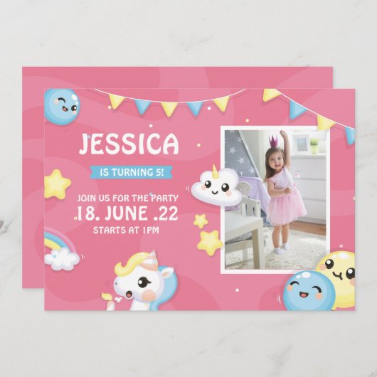 Whimsical Pony roze Birthday Party Girl Pawty Note Notitiekaartje (Voorkant / Achterkant)