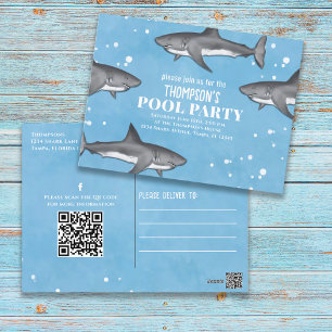 Whimsical Pool Party Sharks QR Code Social Media Briefkaart