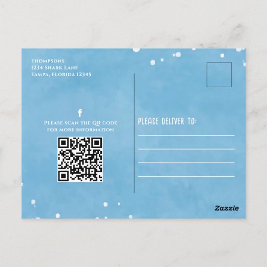 Whimsical Pool Party Sharks QR Code Social Media Briefkaart (Achterkant)