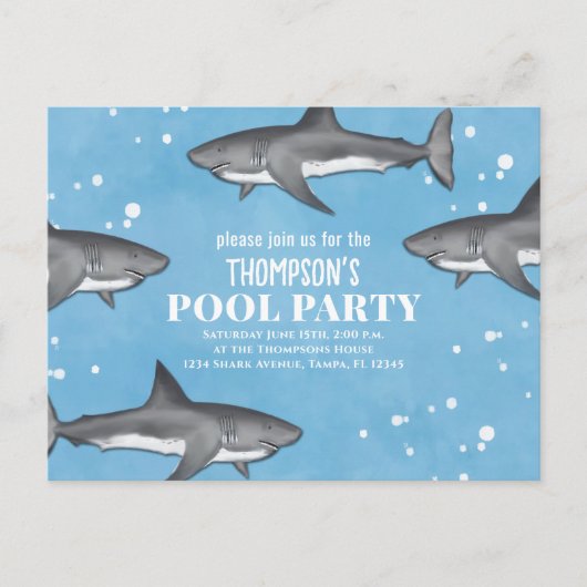 Whimsical Pool Party Sharks QR Code Website Briefkaart (Voorkant)