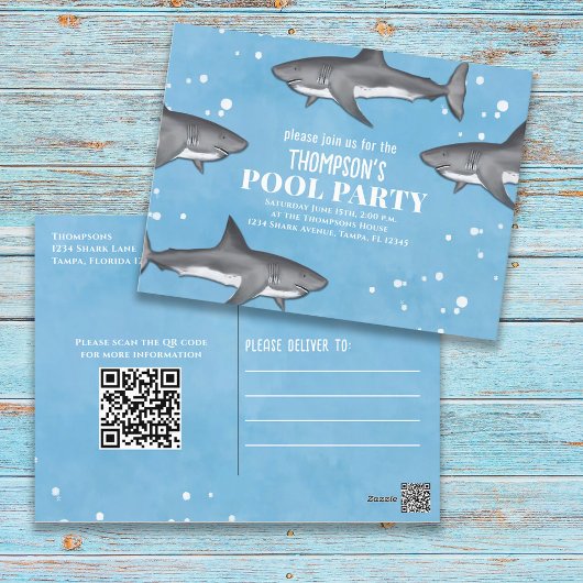 Whimsical Pool Party Sharks QR Code Website Briefkaart