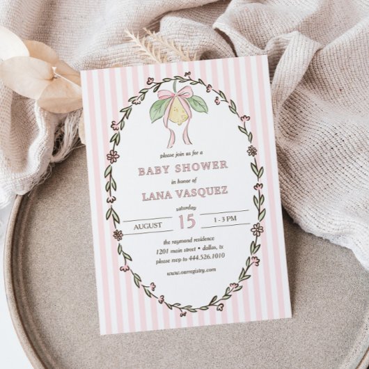 Whimsical Preppy Coquette Pastel Lemon Baby Shower Kaart