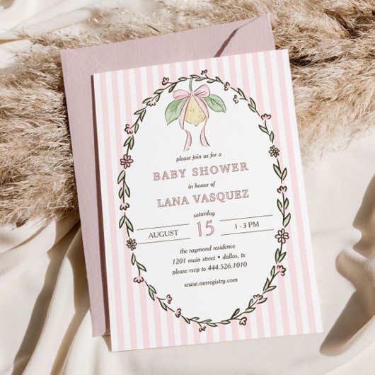 Whimsical Preppy Coquette Pastel Lemon Baby Shower Kaart