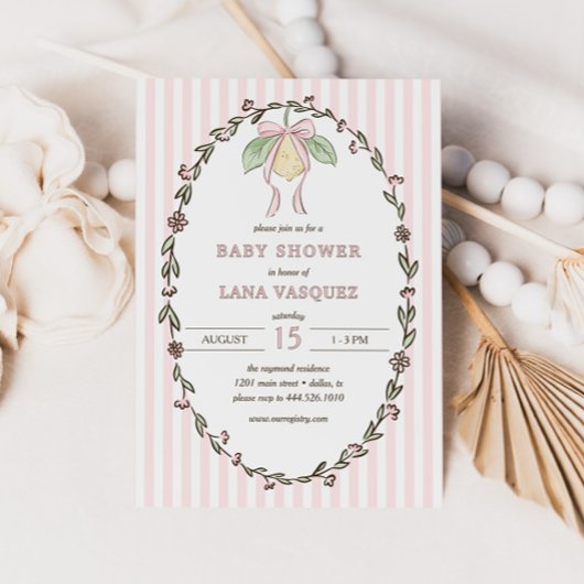 Whimsical Preppy Coquette Pastel Lemon Baby Shower Kaart