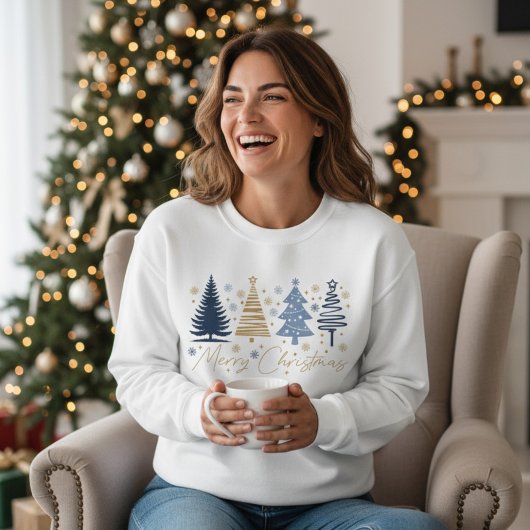 Whimsical Prettig Kerstmis Festieve Bomen Blauw Go Trui
