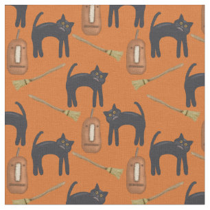 Whimsical Prim Cats and Pumpkins, Halloween Fabric Stof