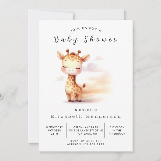 Whimsical Printable Giraffe Baby shower Kaart (Voorkant)