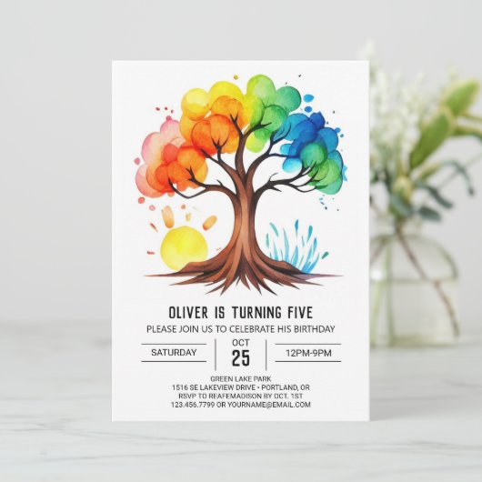 Whimsical Printable Tree Verjaardag Kaart (Staand voorkant)
