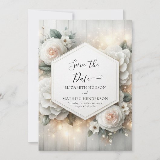 Whimsical Printable White Roses Wedding Save The Date (Voorkant)