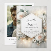 Whimsical Printable White Roses Wedding Save The Date (Voorkant / Achterkant)