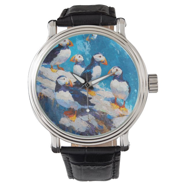 Whimsical Puffin Ocean Blue Horloge (Voorkant)
